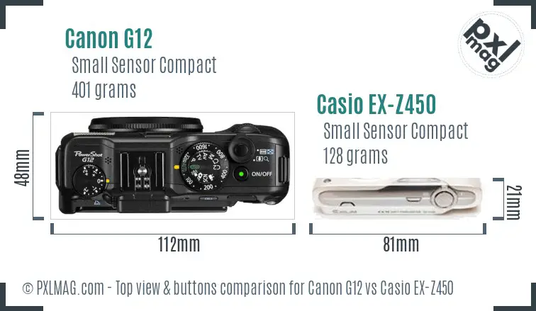 Canon G12 vs Casio EX-Z450 top view buttons comparison