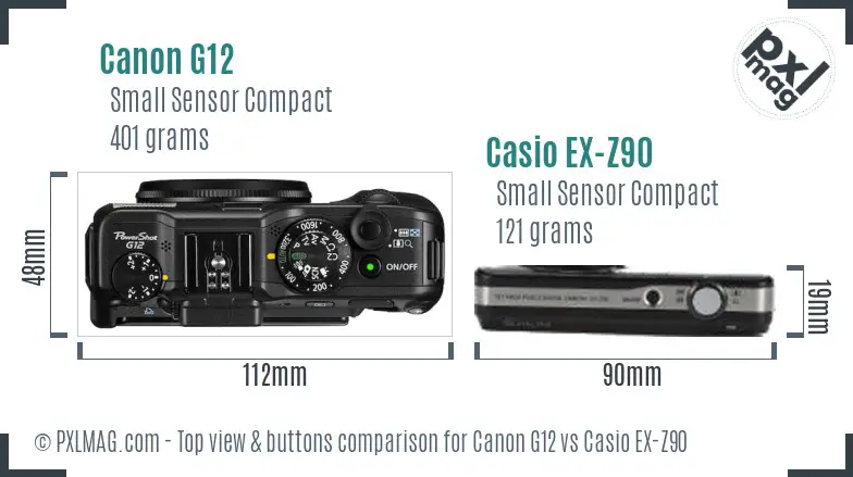 Canon G12 vs Casio EX-Z90 top view buttons comparison
