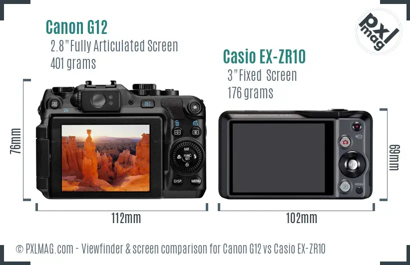 Canon G12 vs Casio EX-ZR10 Screen and Viewfinder comparison