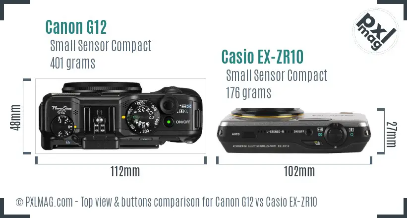 Canon G12 vs Casio EX-ZR10 top view buttons comparison