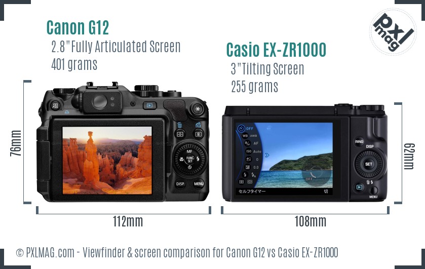 Canon G12 vs Casio EX-ZR1000 Screen and Viewfinder comparison