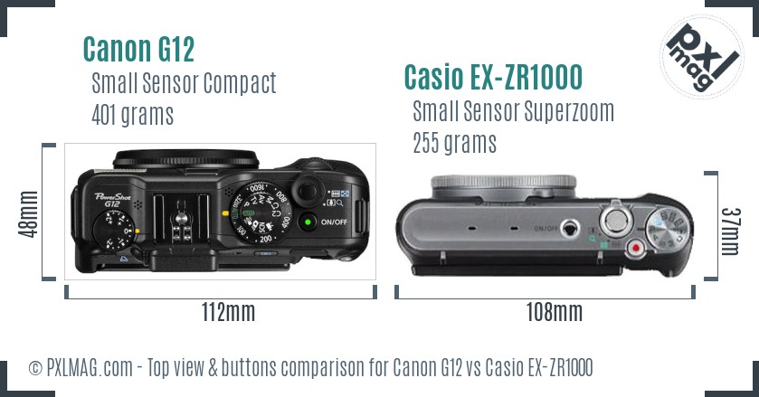 Canon G12 vs Casio EX-ZR1000 top view buttons comparison