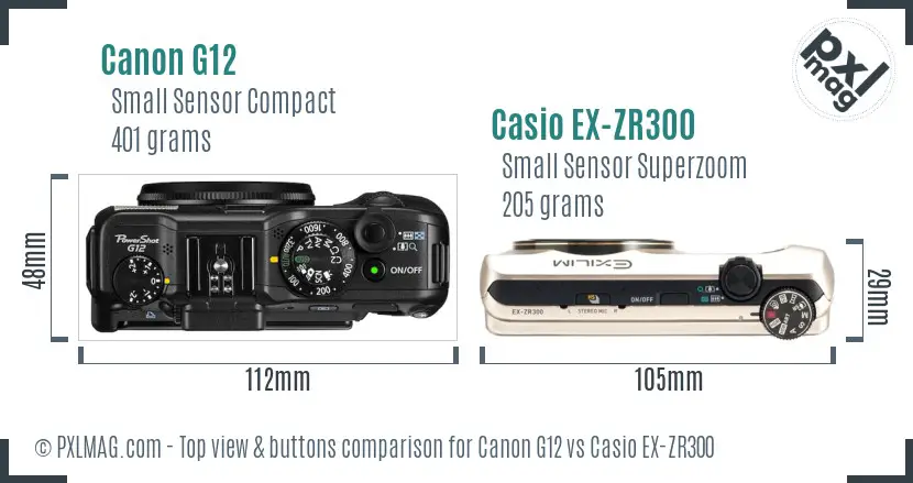 Canon G12 vs Casio EX-ZR300 top view buttons comparison