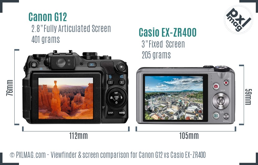 Canon G12 vs Casio EX-ZR400 Screen and Viewfinder comparison