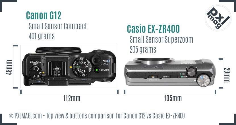 Canon G12 vs Casio EX-ZR400 top view buttons comparison