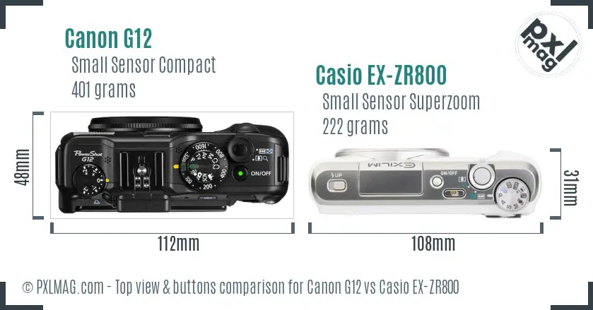 Canon G12 vs Casio EX-ZR800 top view buttons comparison