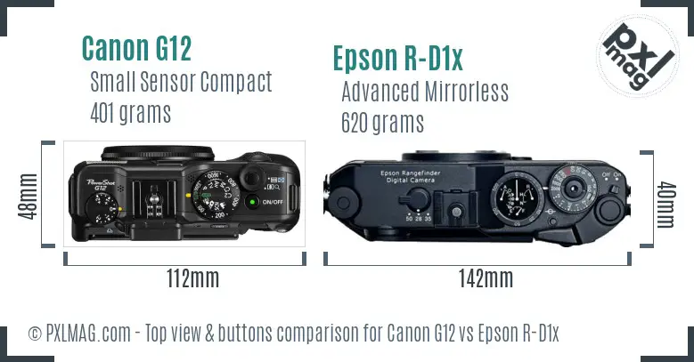 Canon G12 vs Epson R-D1x top view buttons comparison Canon G12 vs Epson R-D1x top view buttons comparison