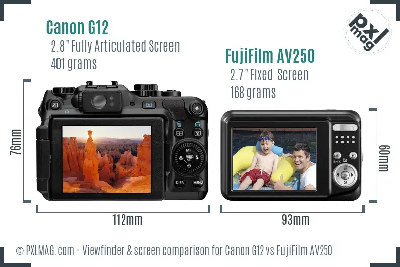 Canon G12 vs FujiFilm AV250 Screen and Viewfinder comparison