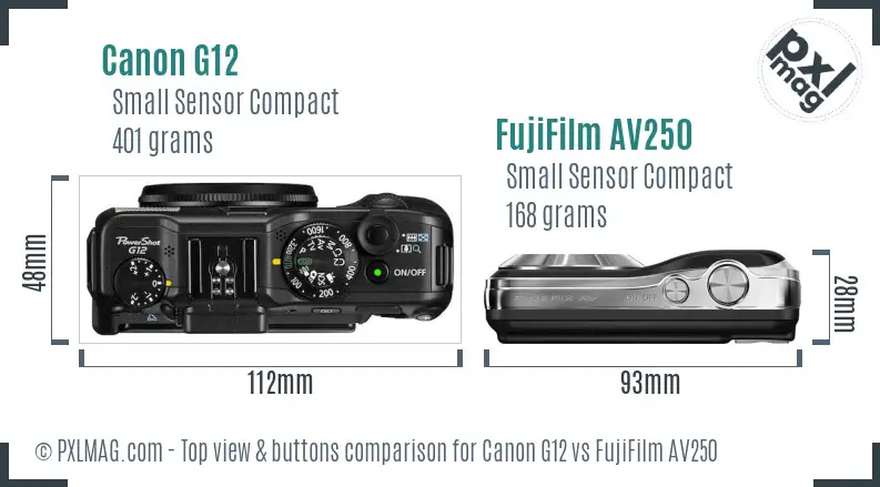 Canon G12 vs FujiFilm AV250 top view buttons comparison