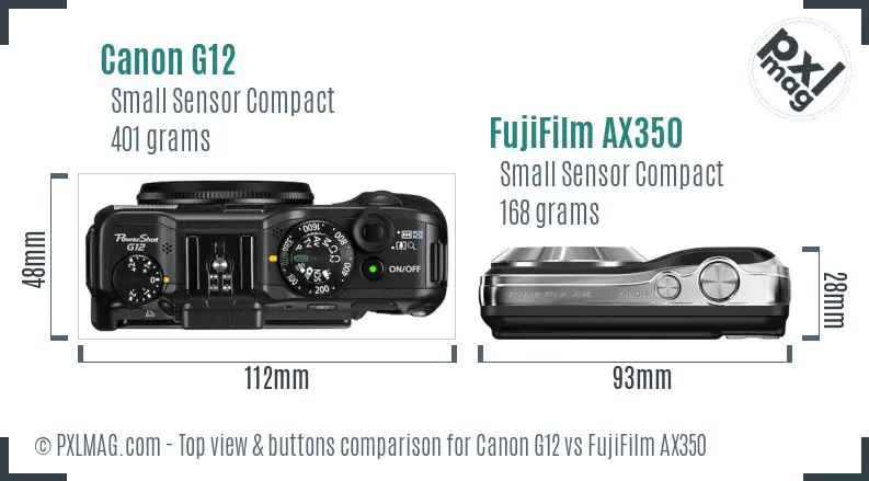 Canon G12 vs FujiFilm AX350 top view buttons comparison