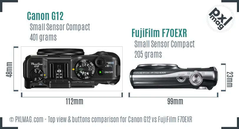 Canon G12 vs FujiFilm F70EXR top view buttons comparison