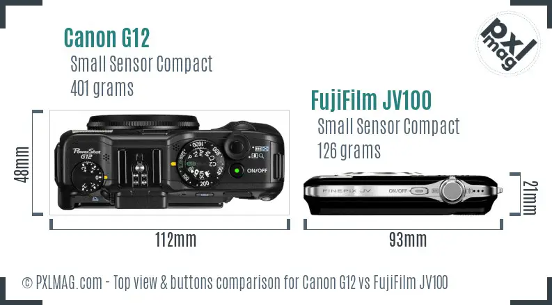 Canon G12 vs FujiFilm JV100 top view buttons comparison