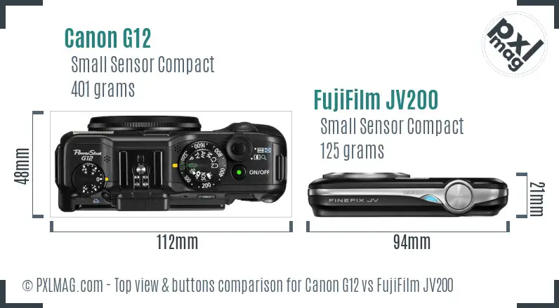 Canon G12 vs FujiFilm JV200 top view buttons comparison