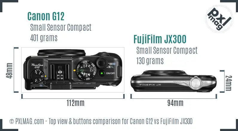 Canon G12 vs FujiFilm JX300 top view buttons comparison
