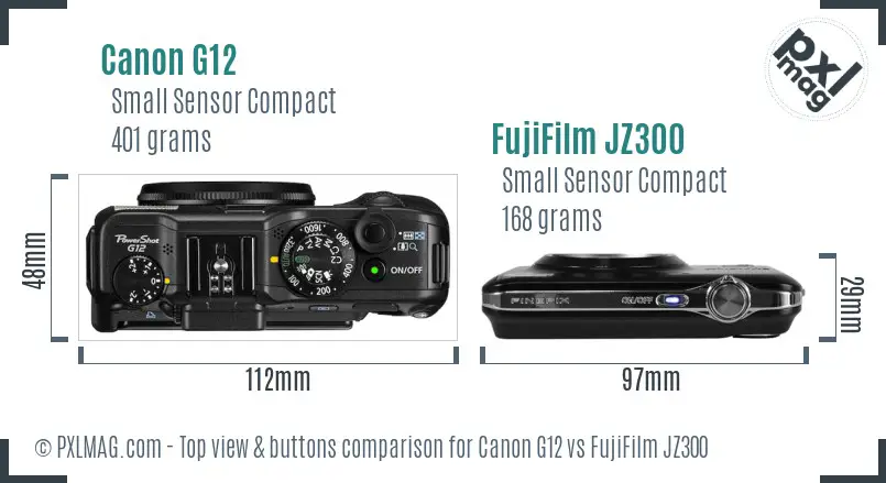 Canon G12 vs FujiFilm JZ300 top view buttons comparison