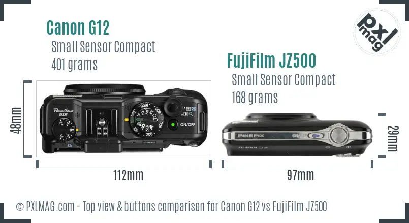 Canon G12 vs FujiFilm JZ500 top view buttons comparison