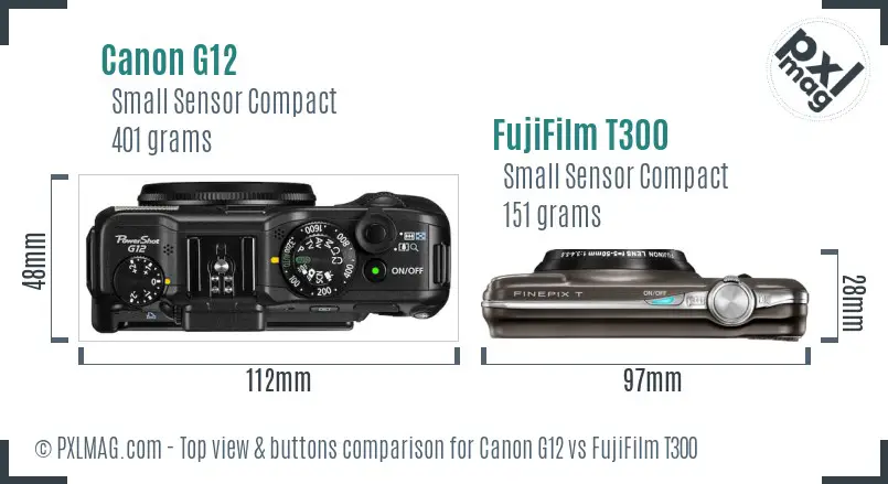 Canon G12 vs FujiFilm T300 top view buttons comparison