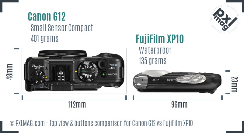 Canon G12 vs FujiFilm XP10 top view buttons comparison