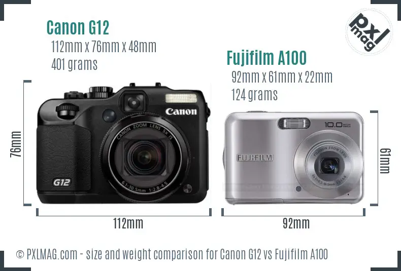 Canon G12 vs Fujifilm A100 size comparison