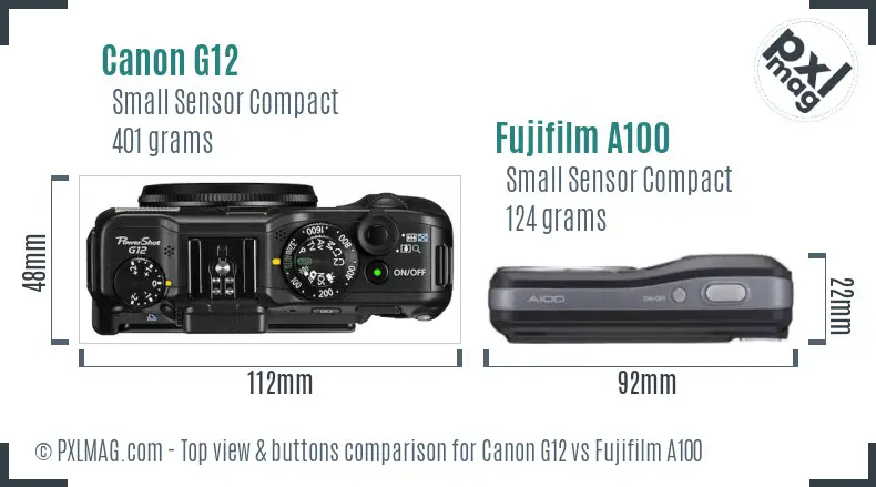 Canon G12 vs Fujifilm A100 top view buttons comparison