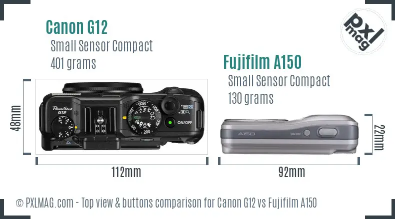 Canon G12 vs Fujifilm A150 top view buttons comparison
