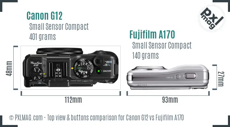 Canon G12 vs Fujifilm A170 top view buttons comparison