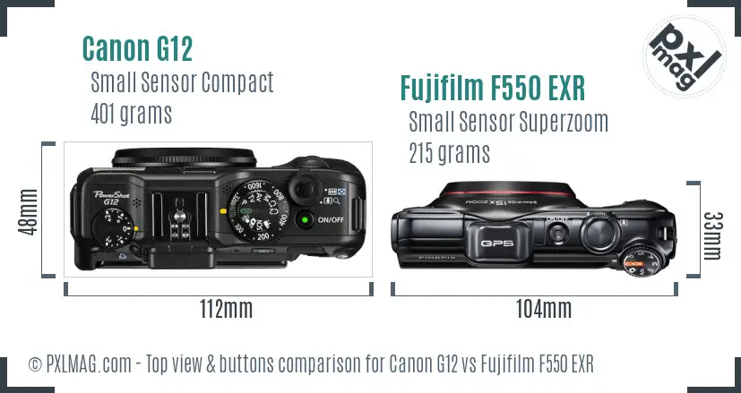 Canon G12 vs Fujifilm F550 EXR top view buttons comparison Canon G12 vs Fujifilm F550 EXR top view buttons comparison