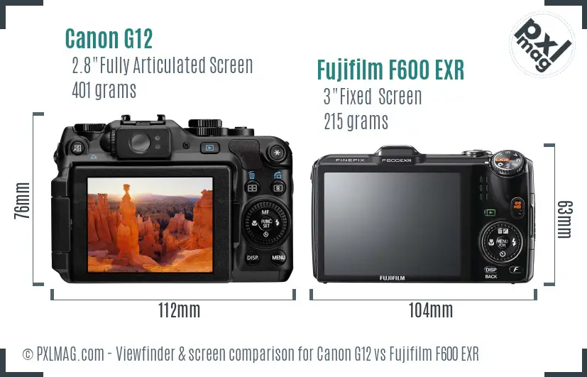 Canon G12 vs Fujifilm F600 EXR Screen and Viewfinder comparison