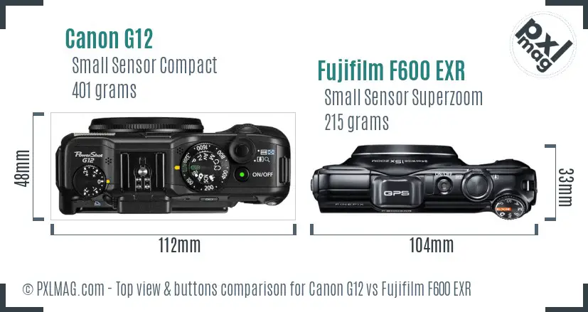 Canon G12 vs Fujifilm F600 EXR top view buttons comparison