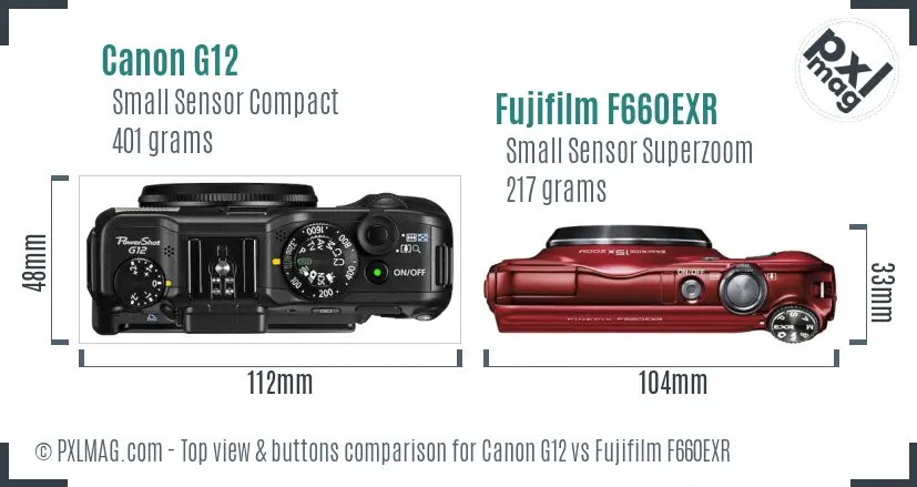 Canon G12 vs Fujifilm F660EXR top view buttons comparison