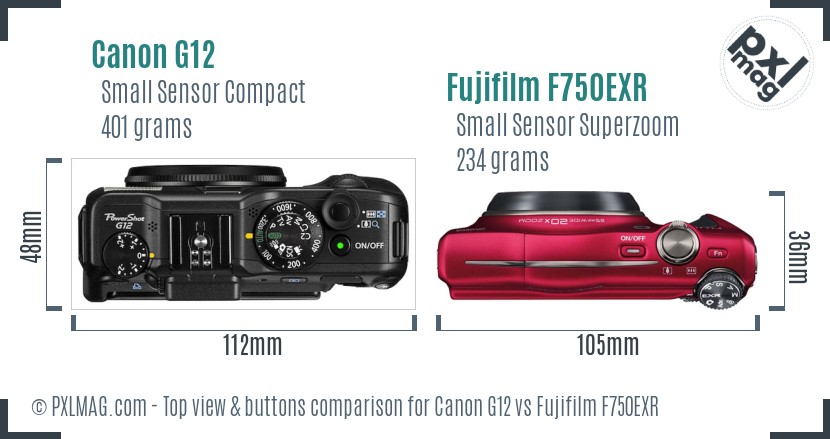 Canon G12 vs Fujifilm F750EXR top view buttons comparison