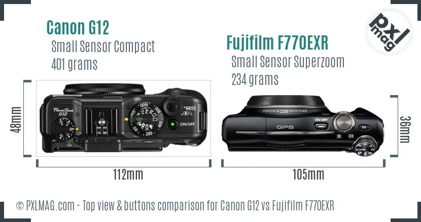 Canon G12 vs Fujifilm F770EXR top view buttons comparison Canon G12 vs Fujifilm F770EXR top view buttons comparison