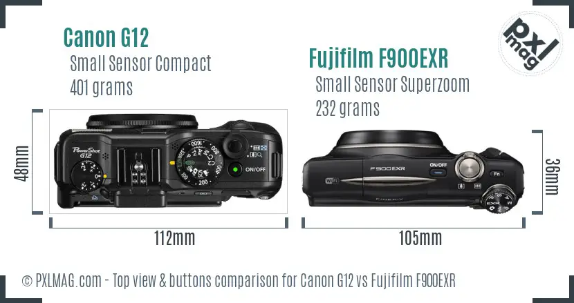Canon G12 vs Fujifilm F900EXR top view buttons comparison