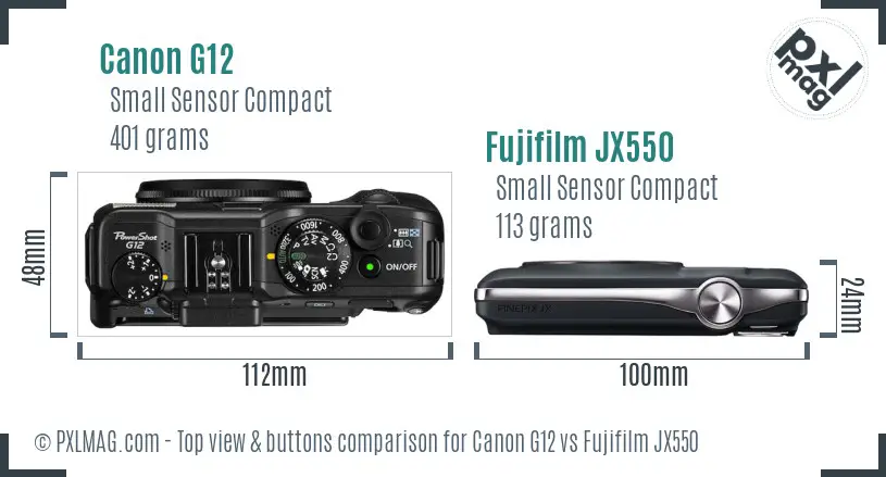 Canon G12 vs Fujifilm JX550 top view buttons comparison