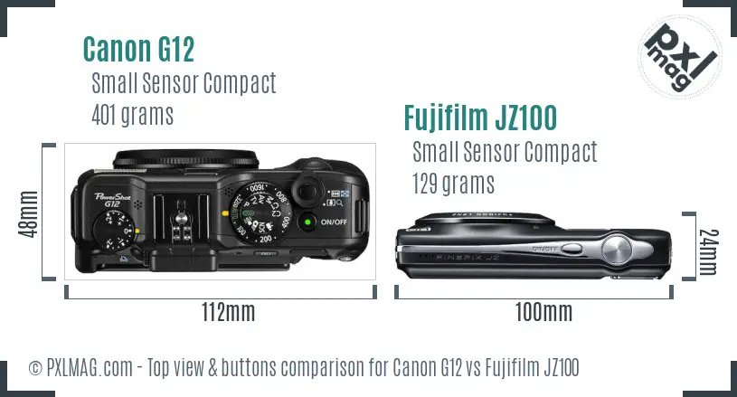Canon G12 vs Fujifilm JZ100 top view buttons comparison