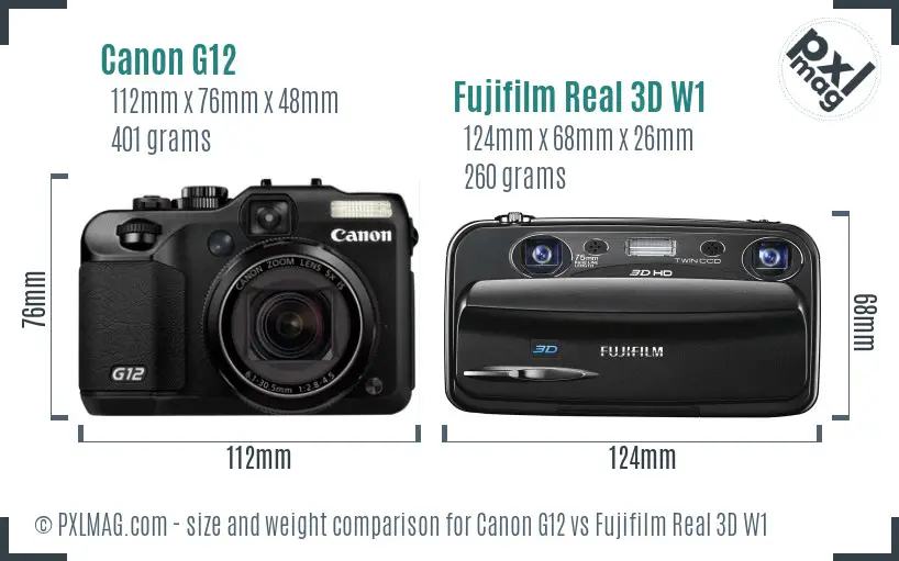 Canon G12 vs Fujifilm Real 3D W1 size comparison