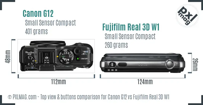Canon G12 vs Fujifilm Real 3D W1 top view buttons comparison