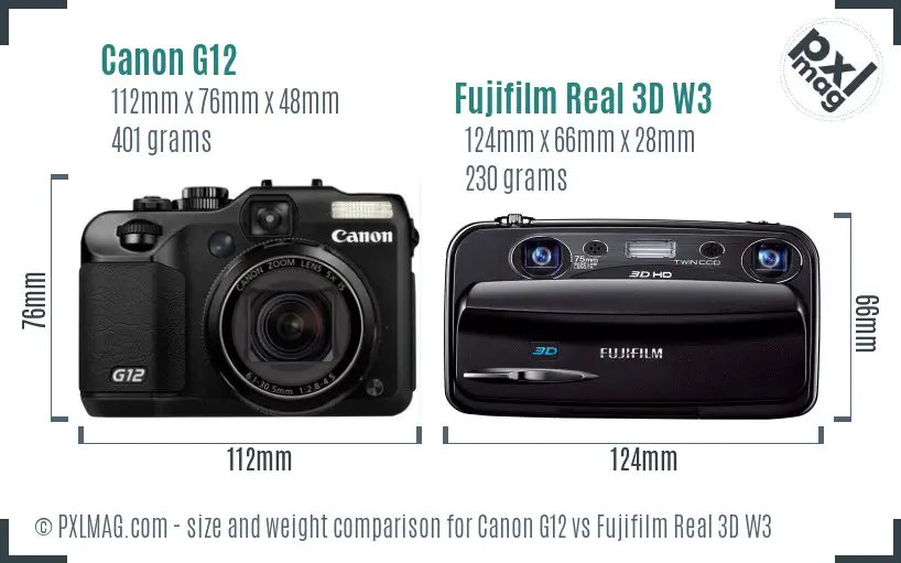 Canon G12 vs Fujifilm Real 3D W3 size comparison