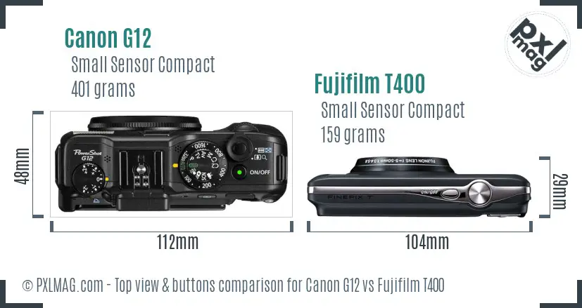 Canon G12 vs Fujifilm T400 top view buttons comparison