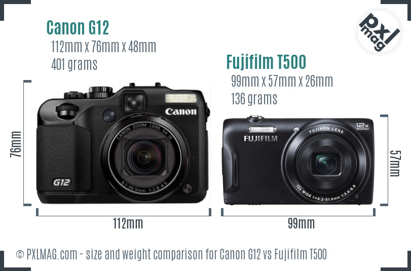 Canon G12 vs Fujifilm T500 size comparison