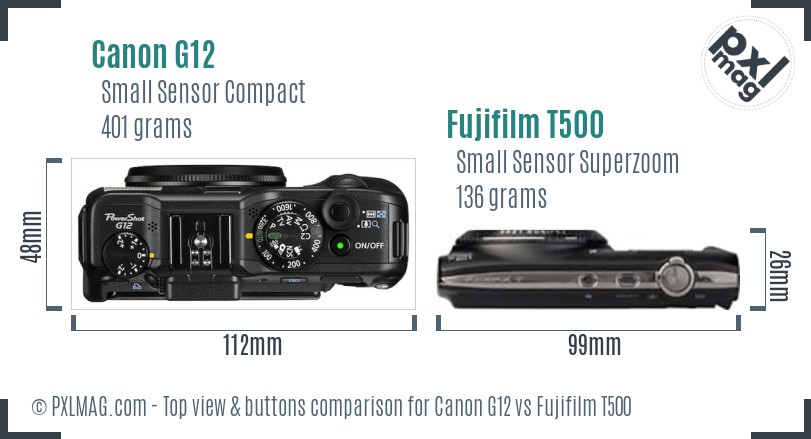 Canon G12 vs Fujifilm T500 top view buttons comparison