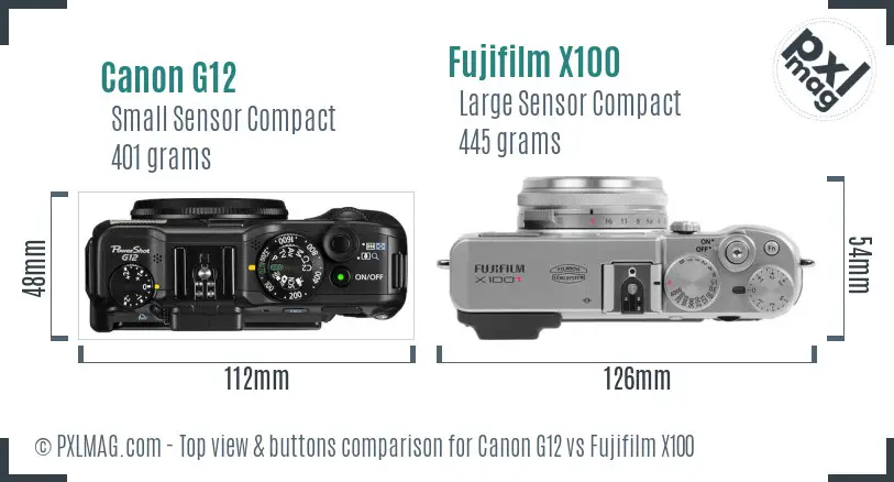 Canon G12 vs Fujifilm X100 top view buttons comparison