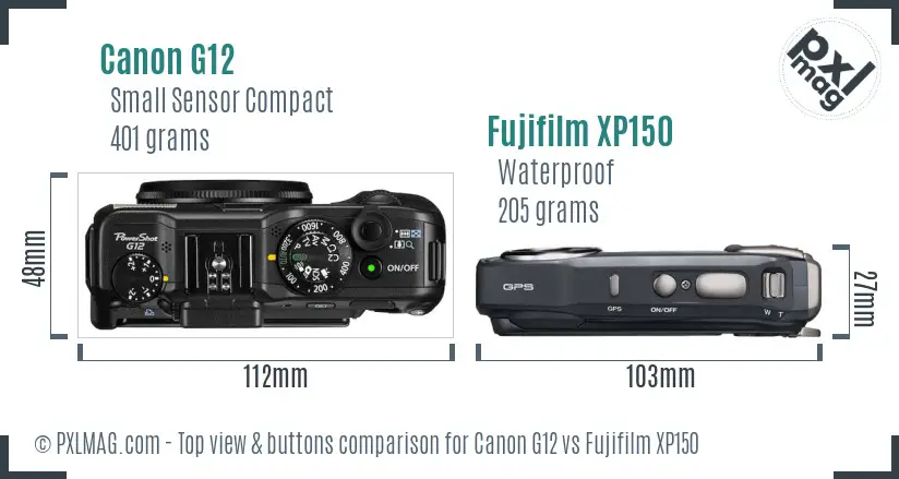 Canon G12 vs Fujifilm XP150 top view buttons comparison Canon G12 vs Fujifilm XP150 top view buttons comparison