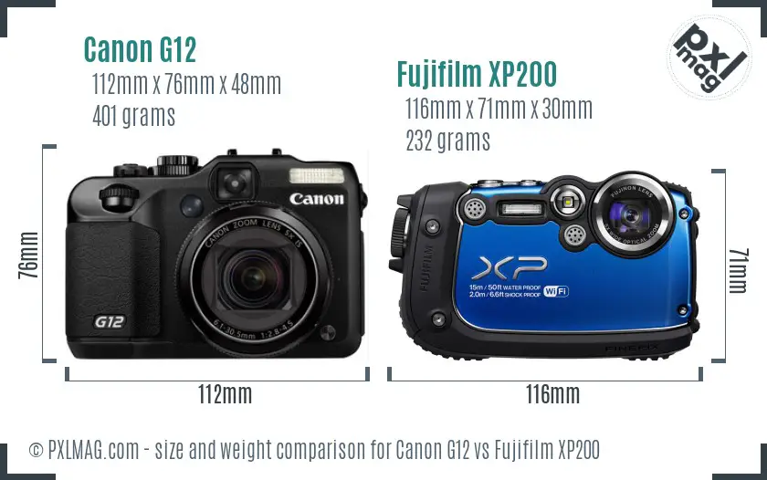 Canon G12 vs Fujifilm XP200 size comparison