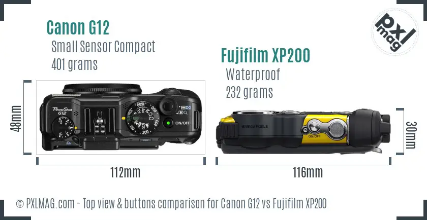 Canon G12 vs Fujifilm XP200 top view buttons comparison