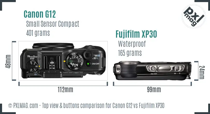 Canon G12 vs Fujifilm XP30 top view buttons comparison