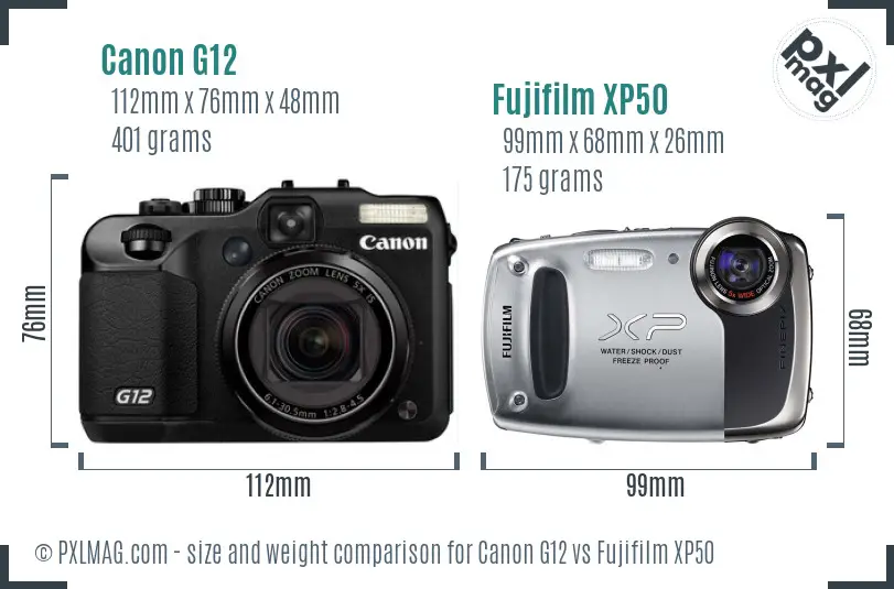 Canon G12 vs Fujifilm XP50 size comparison