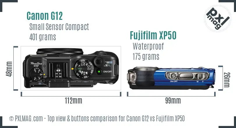 Canon G12 vs Fujifilm XP50 top view buttons comparison