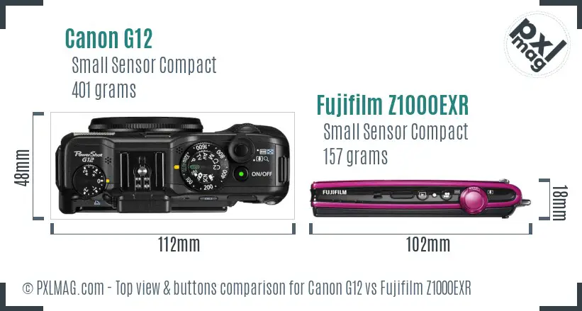 Canon G12 vs Fujifilm Z1000EXR top view buttons comparison