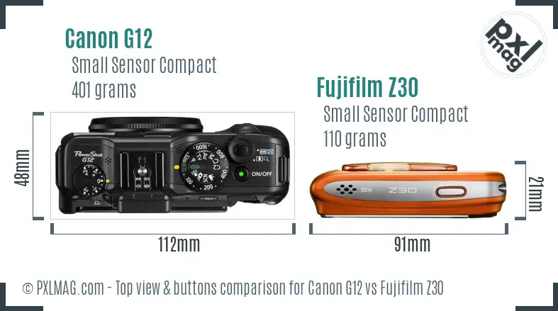 Canon G12 vs Fujifilm Z30 top view buttons comparison